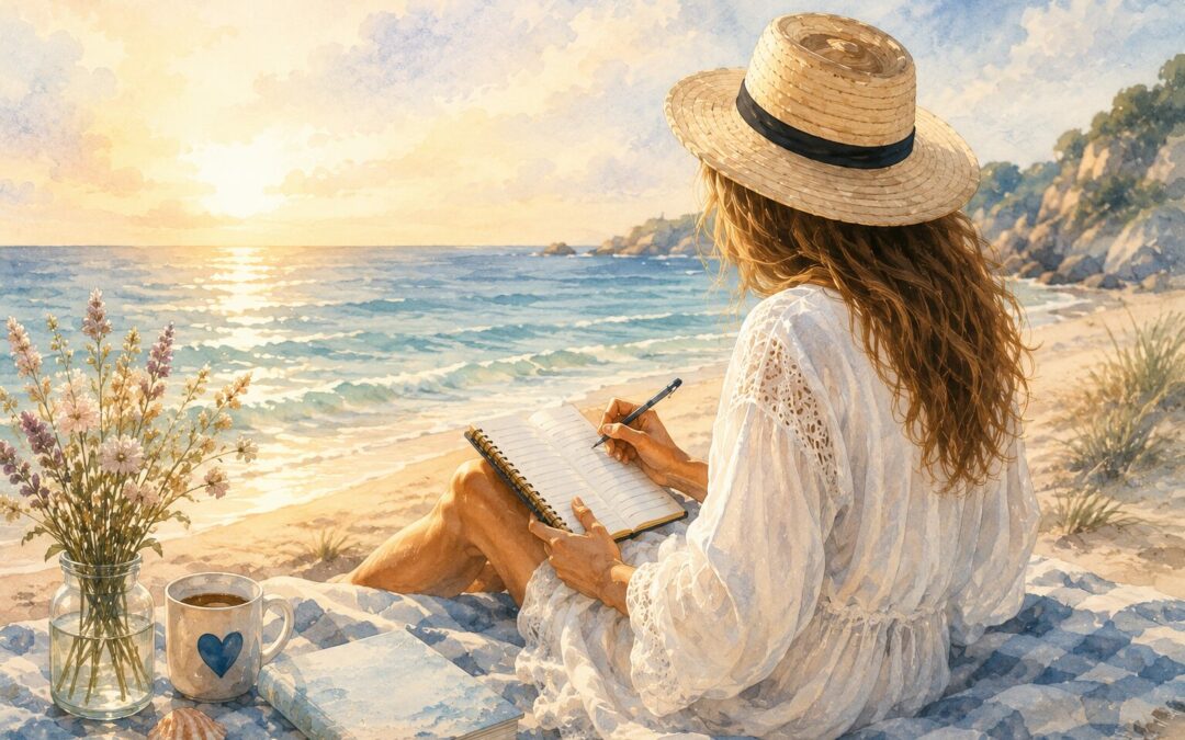 Femme écrivant dans un carnet face à la mer au coucher du soleil pour ralentir et profiter pleinement de l'été.