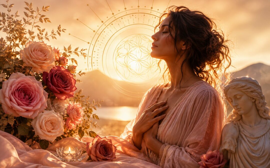 Illustration représentant une femme en méditation entourée de roses, symbole du féminin sacré, de la reconnexion à soi et de la lumière intérieure.