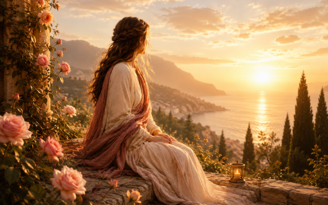 Marie-Madeleine vêtue d'une robe blanche et d'un châle rose, assise face à la mer au coucher du soleil, entourée de roses, dans une atmosphère douce et lumineuse.