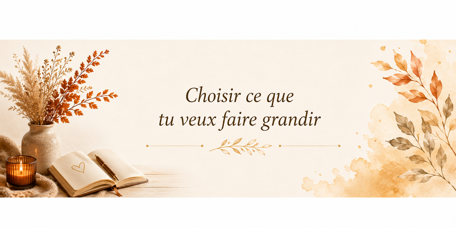 Bannière automnale avec un carnet ouvert, une bougie, un bouquet de feuillage et des feuilles dorées sur une table, dans une ambiance douce et chaleureuse symbolisant les choix, les intentions et ce que l’on souhaite faire grandir dans sa vie.