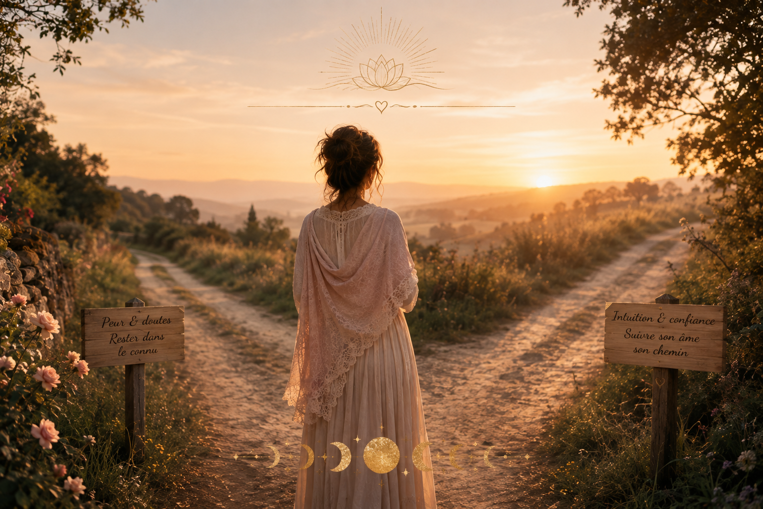 Femme debout à la croisée de deux chemins au lever du soleil, entourée de fleurs et de lumière, symbolisant le choix entre la peur et la confiance en son intuition.