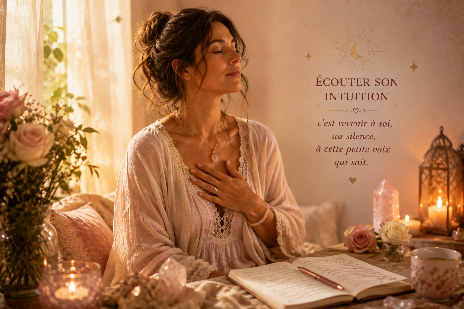 Femme les yeux fermés, une main posée sur le cœur, dans une atmosphère chaleureuse entourée de roses, de bougies, de cristaux et d’un carnet, symbolisant l’écoute intérieure.