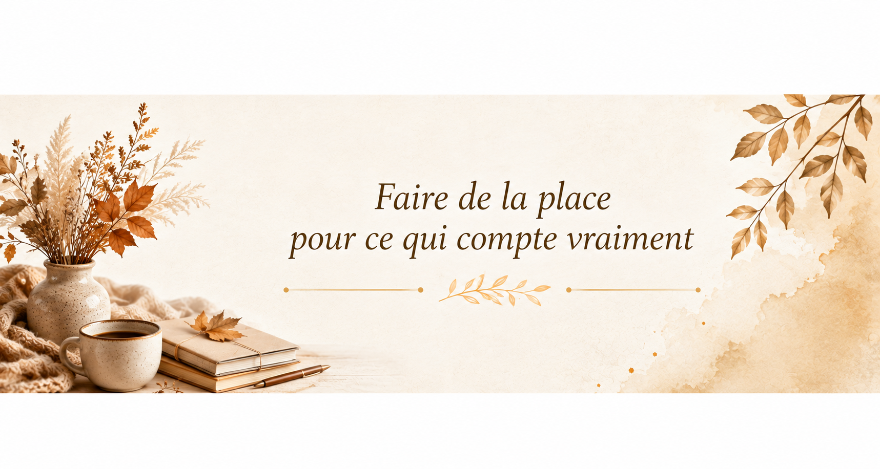 Bannière automnale avec un bouquet de feuillage, une tasse chaude, des carnets et un stylo sur une table, dans une ambiance douce et chaleureuse évoquant le tri, le recentrage et la place accordée à l’essentiel.
