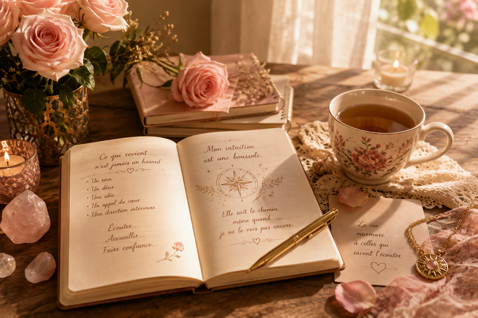 Carnet ouvert avec un stylo, des roses, une bougie et des cristaux sur une table baignée de lumière, évoquant une réflexion personnelle et une idée intuitive qui revient avec insistance.