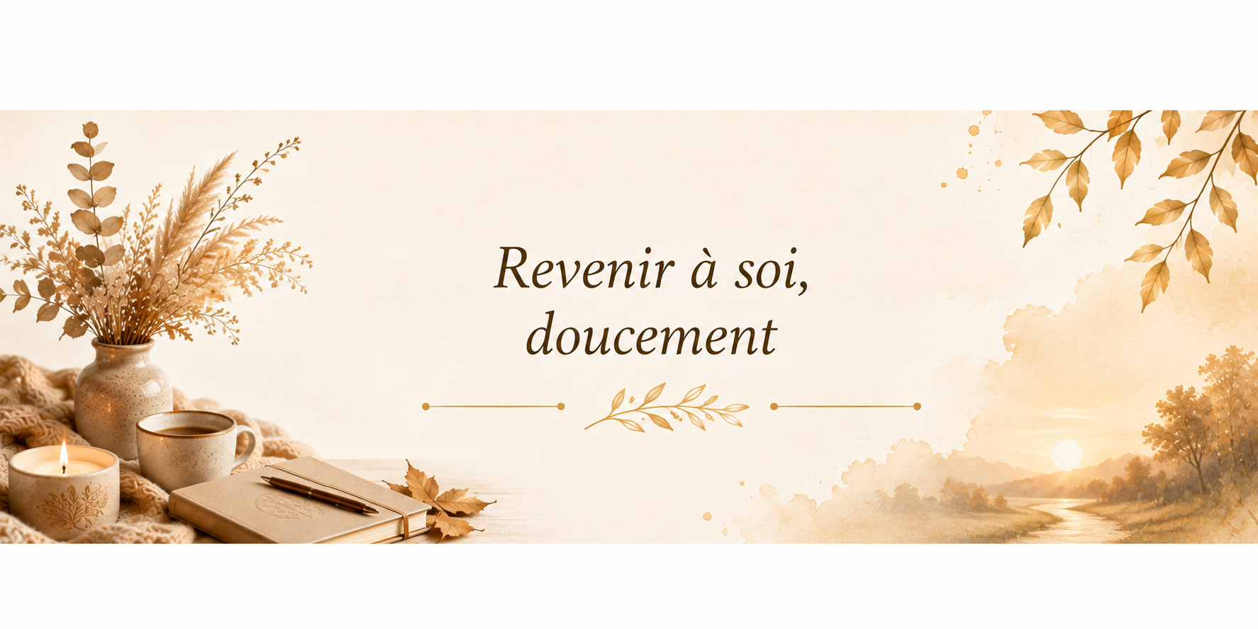Bannière automnale avec un carnet, une tasse chaude, une bougie et un bouquet de feuillage séché sur une table, accompagnés d’un paysage lumineux et d’un chemin, évoquant le retour à soi et une nouvelle saison.