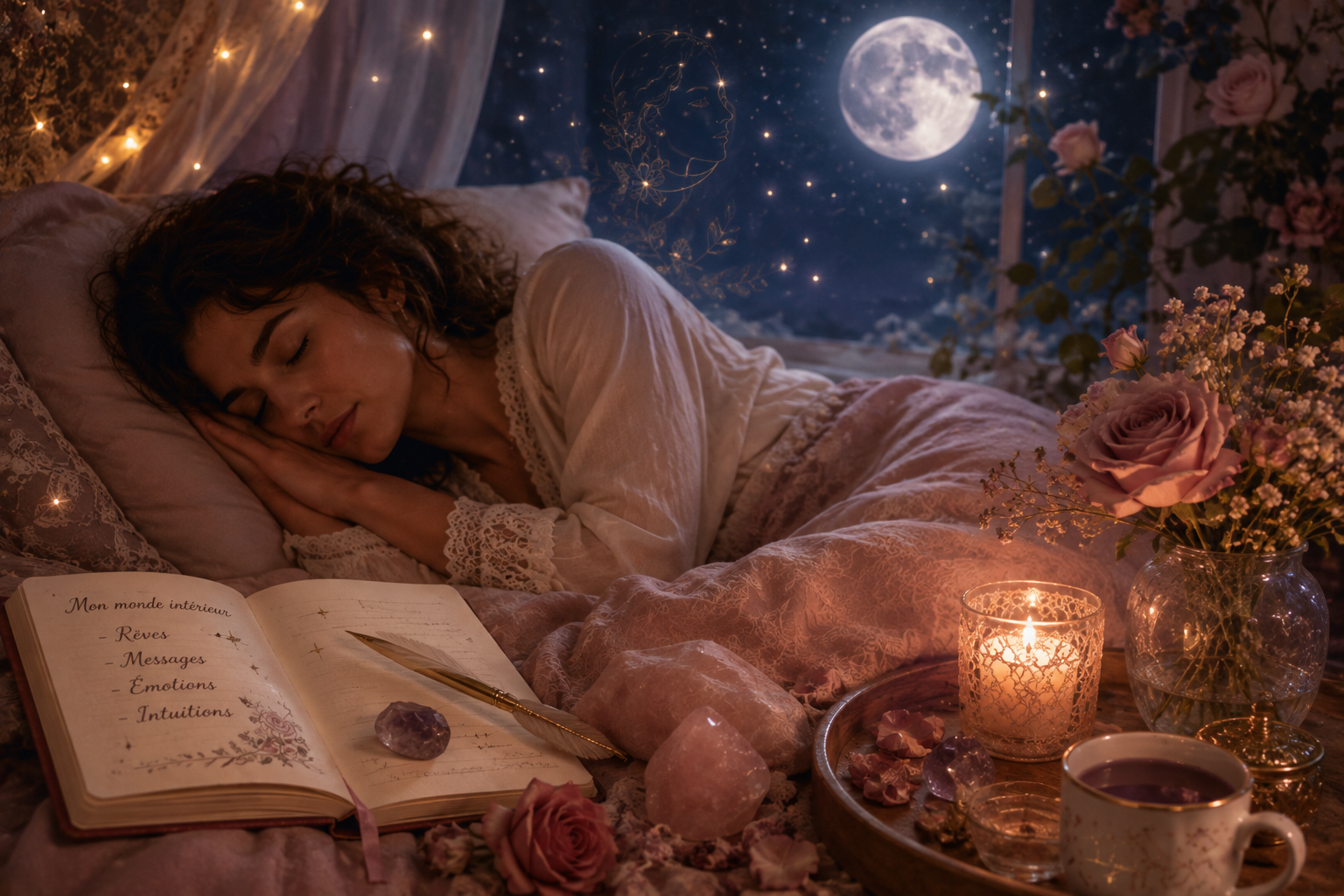 Femme endormie dans une chambre éclairée par la lune, entourée de roses, de bougies et d’un carnet, évoquant les rêves, le monde intérieur et l’intuition.
