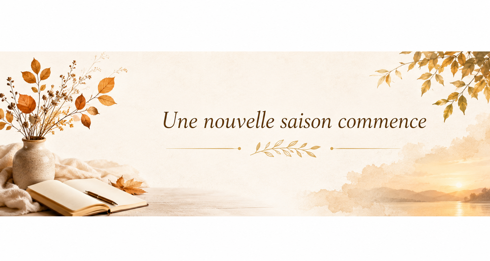 Bannière automnale avec un carnet, un stylo, des feuilles et un bouquet de feuillage sur une table, dans une lumière douce et chaleureuse évoquant le début d'une nouvelle saison et un nouveau départ.