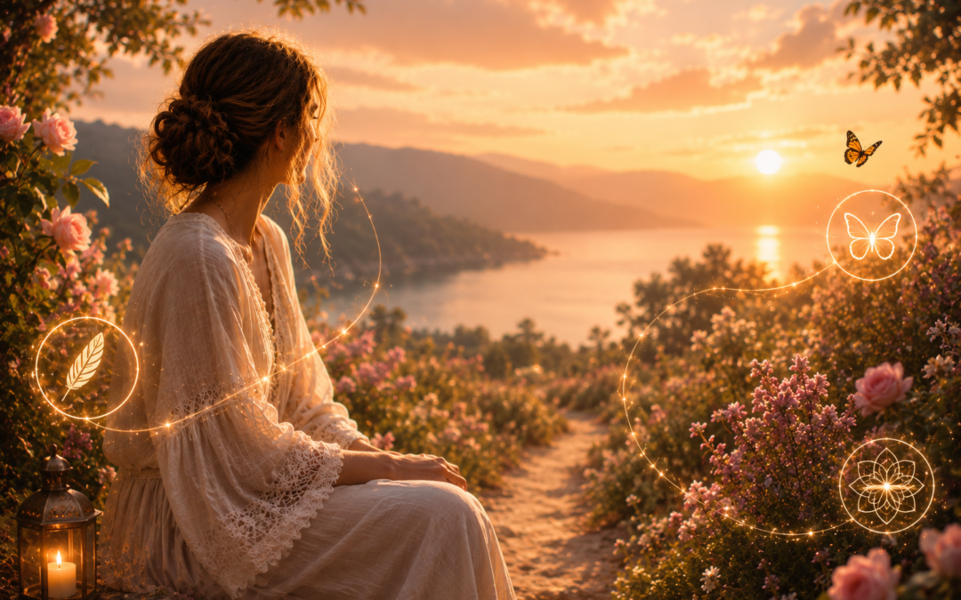 synchronicité Femme assise dans un jardin fleuri au coucher du soleil, face à un chemin lumineux menant vers un paysage paisible, évoquant l’écoute de l’intuition et les synchronicités.