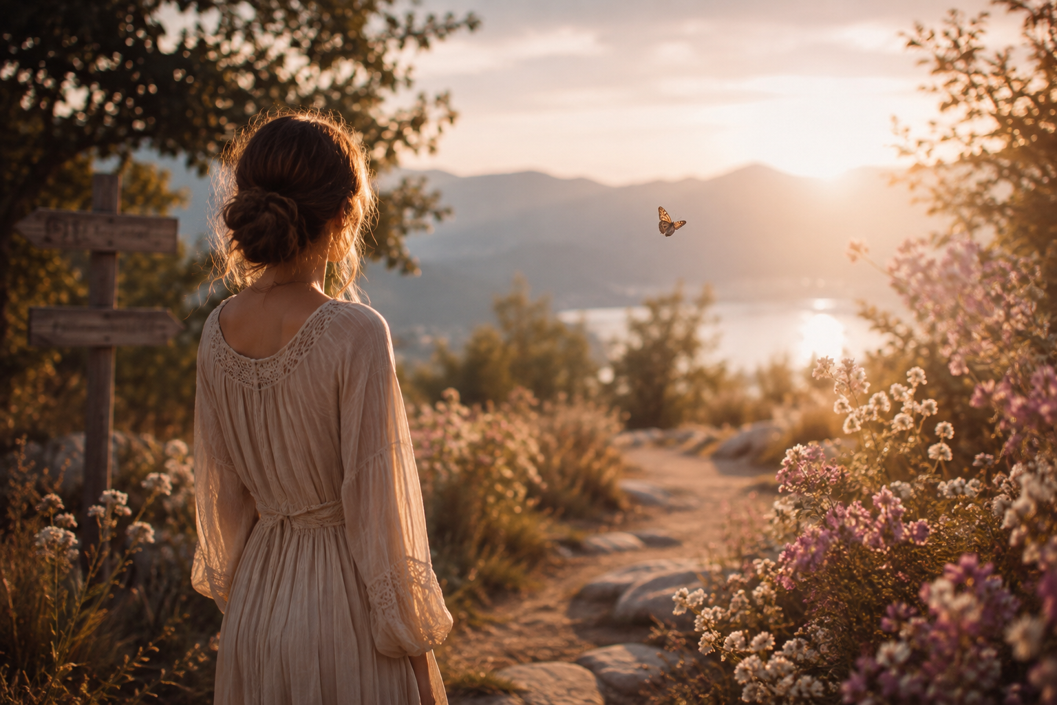 synchronicité Femme en robe blanche marchant sur un chemin fleuri au coucher du soleil, face à un paysage lumineux avec un lac, des montagnes et un papillon, évoquant les synchronicités, l'intuition et les signes de la vie.