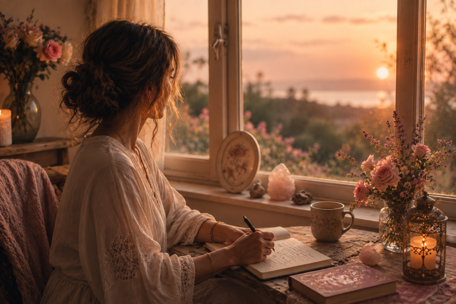 Femme assise près d’une fenêtre au coucher du soleil, écrivant dans un carnet dans une atmosphère douce et lumineuse, entourée de fleurs, d’une bougie et d’objets symboliques, évoquant l’introspection et l’écoute intérieure.