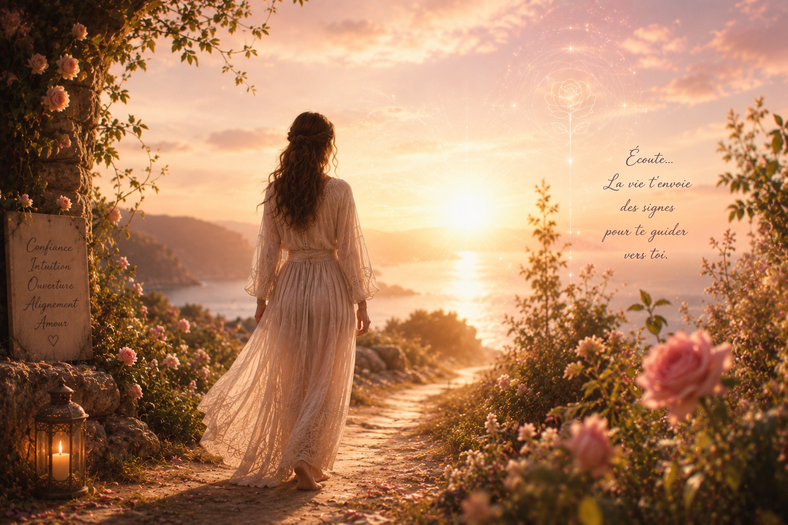 synchronicité Femme en robe blanche avançant sur un chemin fleuri vers une lumière dorée au coucher du soleil, entourée de roses et d'une atmosphère spirituelle évoquant l'intuition, les synchronicités et l'écoute des signes de la vie.