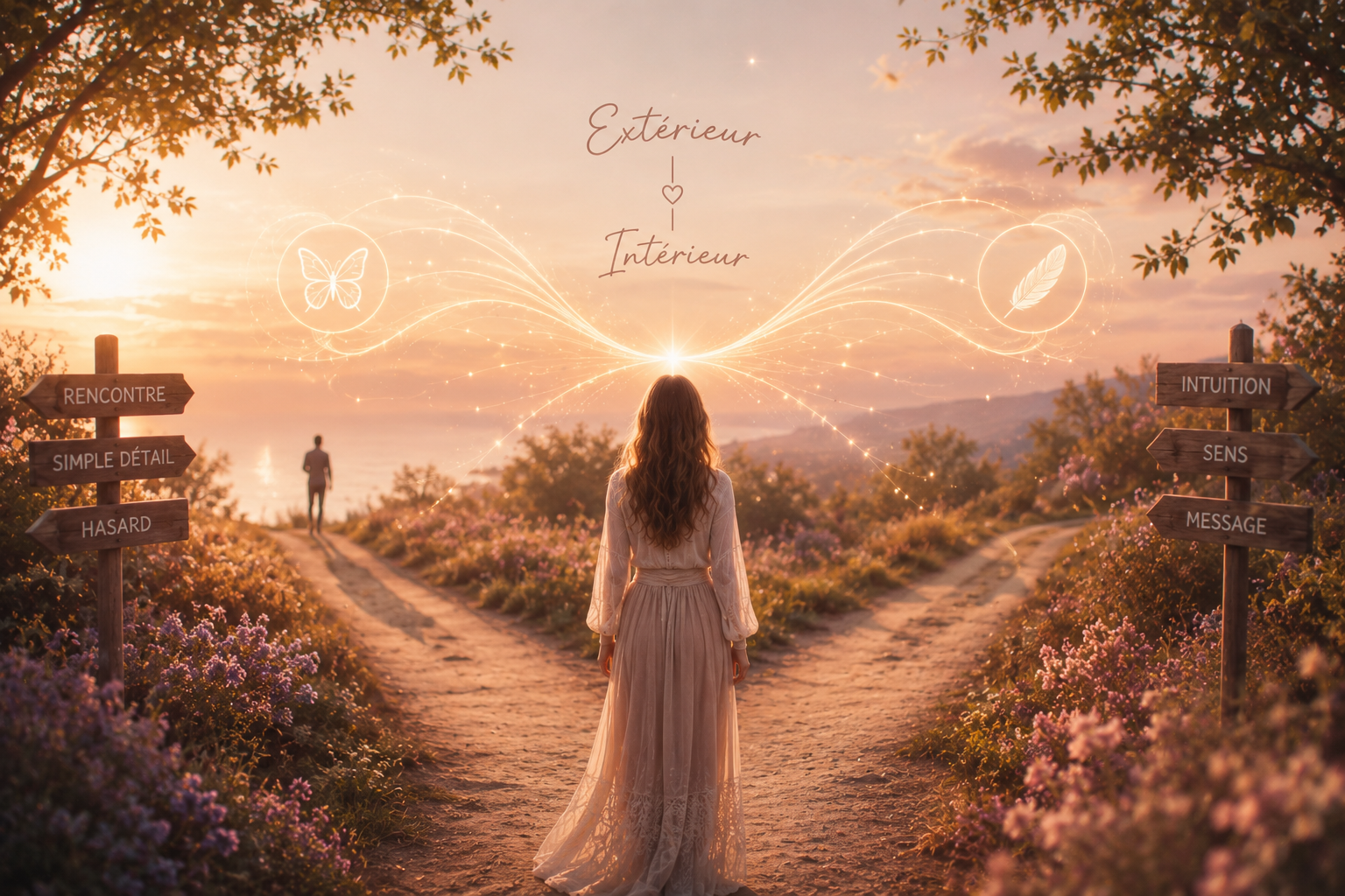synchronicité Femme debout à la croisée de deux chemins au coucher du soleil, entourée de fleurs, avec des signes symboliques reliant le monde extérieur à l’intuition et au monde intérieur.