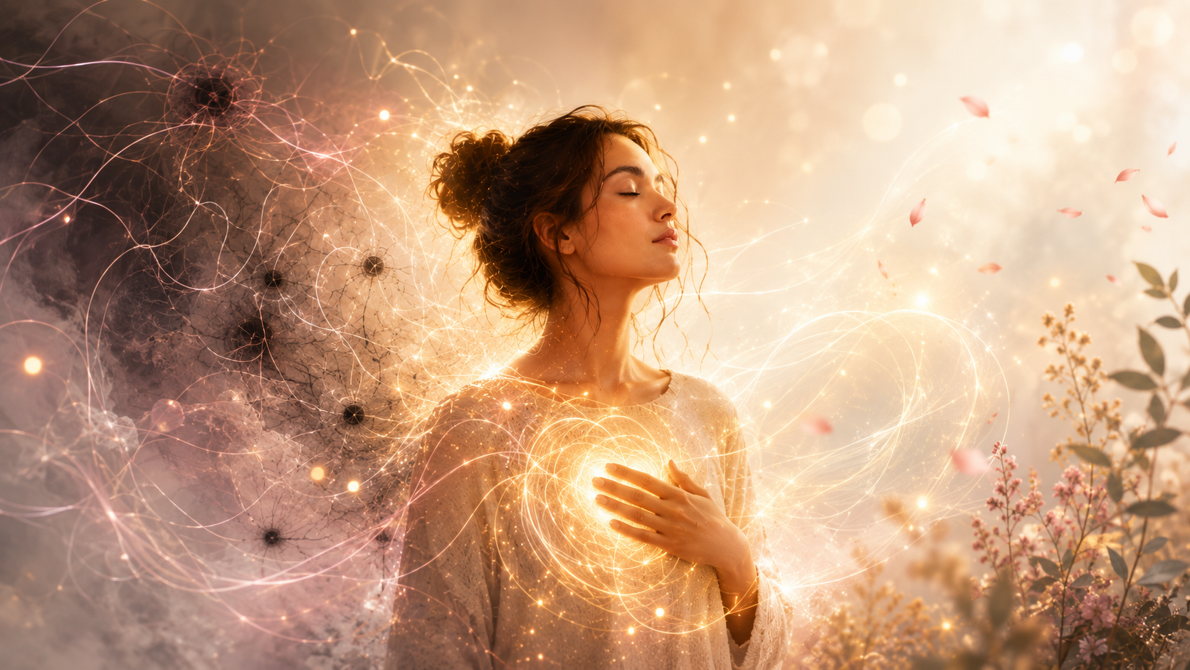 Femme en méditation entourée de lumière dorée, symbolisant la libération d’un blocage énergétique et le retour à une circulation intérieure plus harmonieuse.