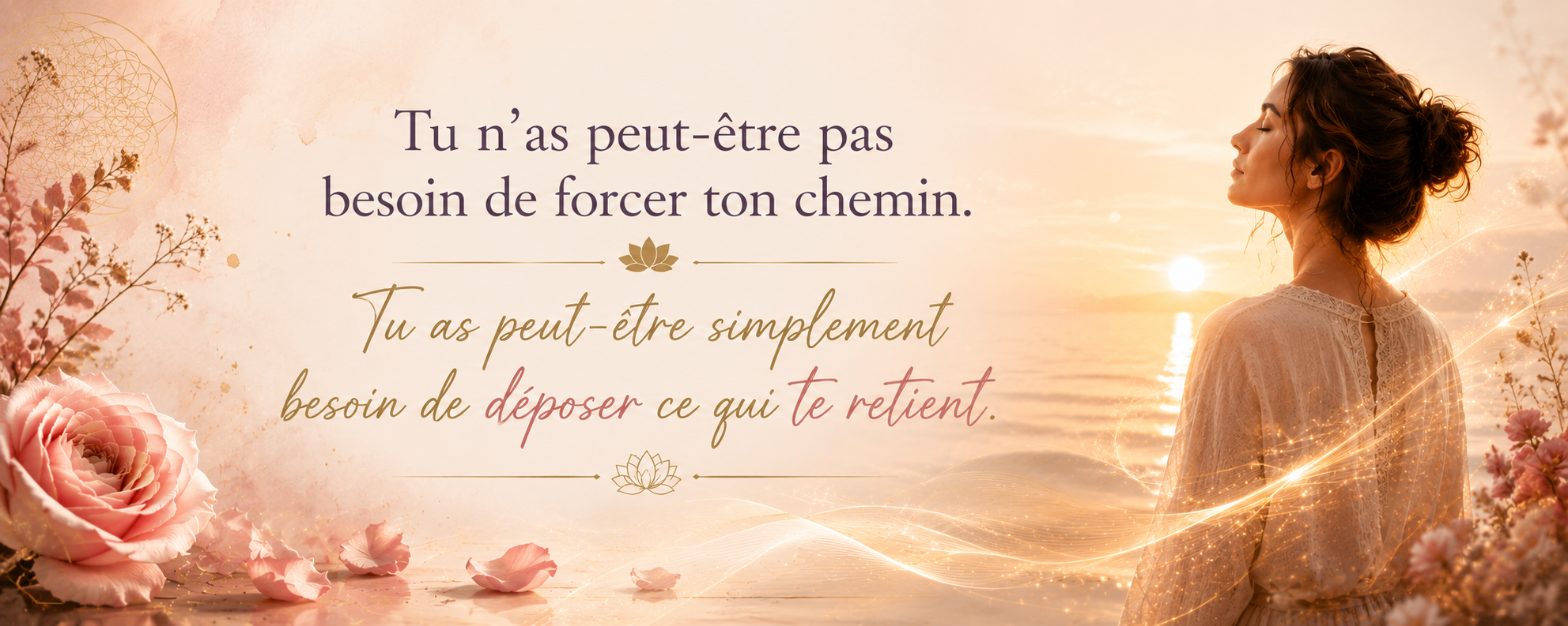 Bannière douce et lumineuse représentant une femme avançant vers la lumière, entourée de roses et de fils dorés, illustrant la libération d’un blocage énergétique et le fait de déposer ce qui nous retient.