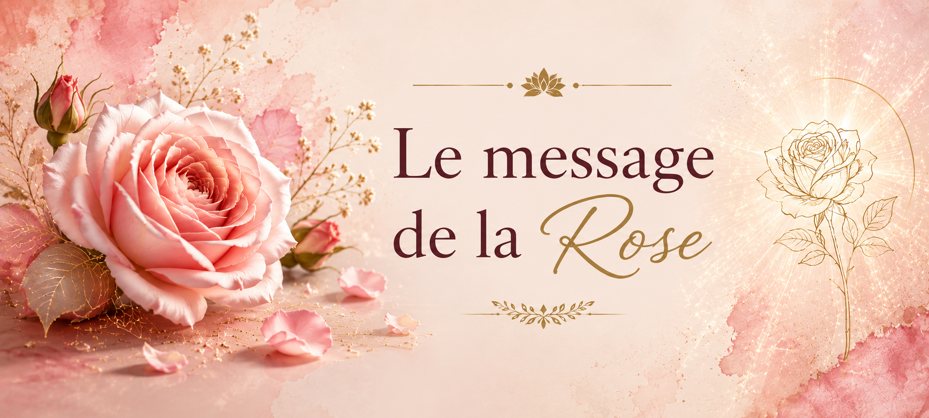 Bannière florale douce et lumineuse avec une rose rose et le titre « Le message de la Rose », dans l’univers spirituel et poétique d’Ondes de Lumière.