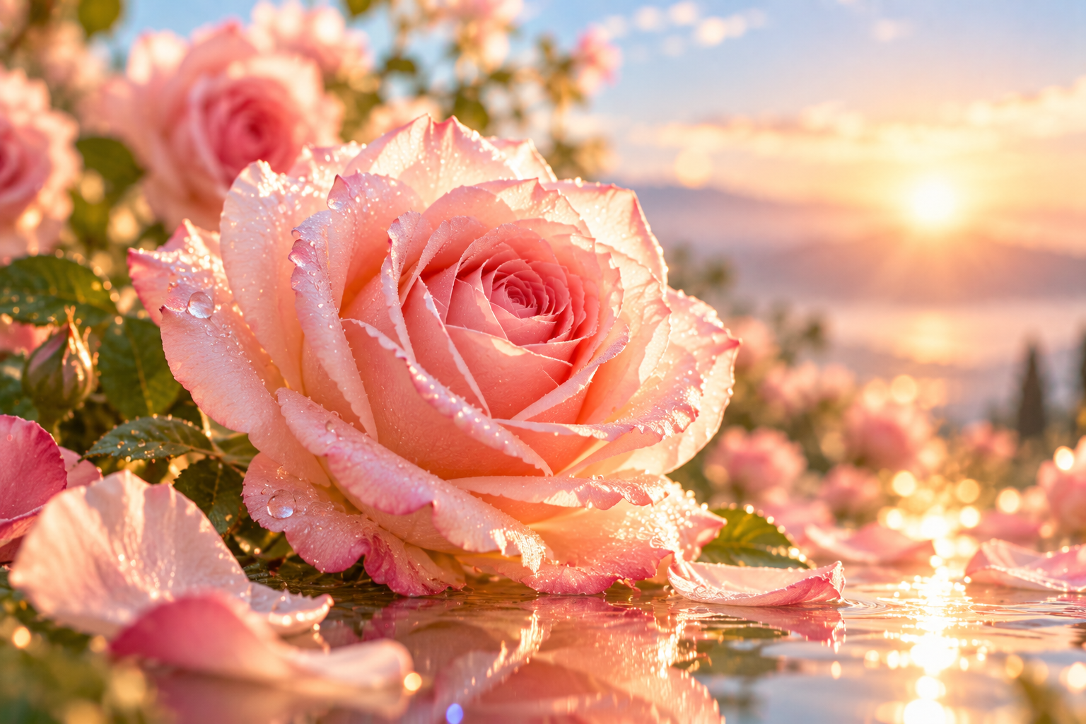 Rose rose pleinement épanouie dans une lumière douce, symbole de floraison intérieure, d’ouverture du cœur et de transformation