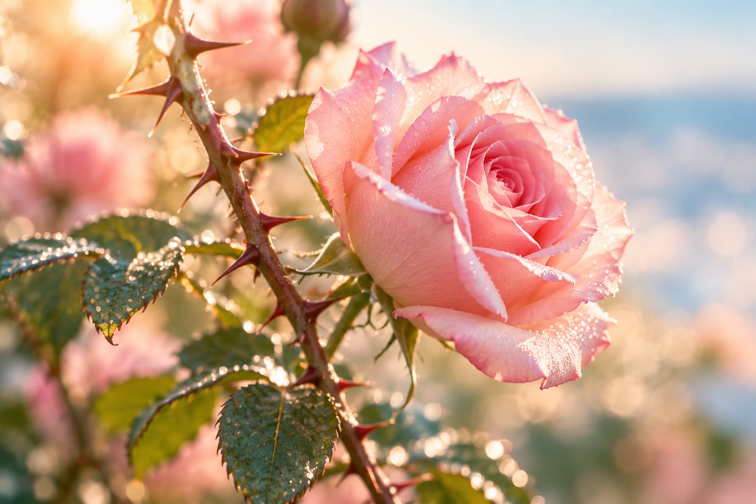 Rose rose entourée d’épines, éclairée par une douce lumière, symbole de protection, de sensibilité et de transformation intérieure