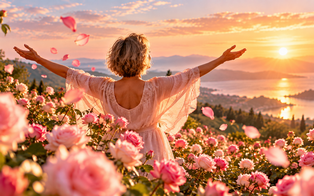 Femme d’une cinquantaine d’années, vue de dos, les bras ouverts au milieu d’un champ de roses, dans la lumière du coucher du soleil