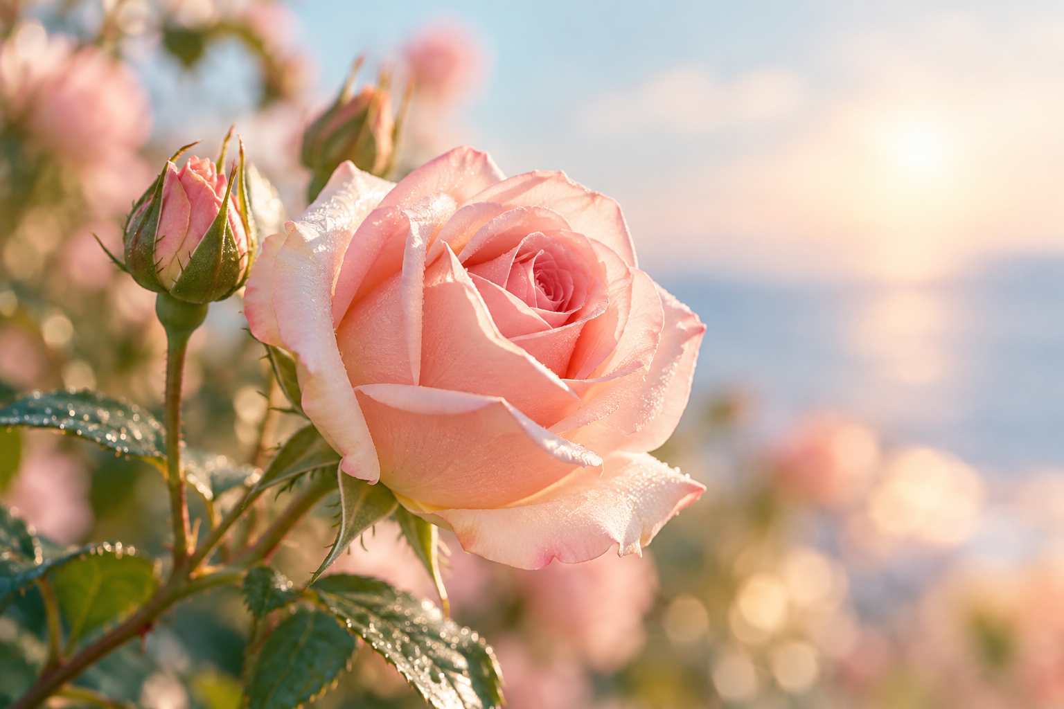 Rose rose éclairée par une douce lumière, symbole de guérison, d’amour et de transformation intérieure